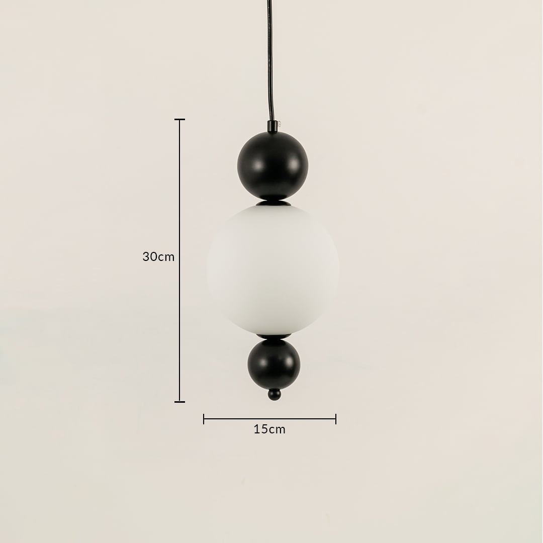Black metal and frosted glass pendant light dimension image with 15 cm width and 30 cm height for bedside placement.