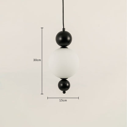 Black metal and frosted glass pendant light dimension image with 15 cm width and 30 cm height for bedside placement.