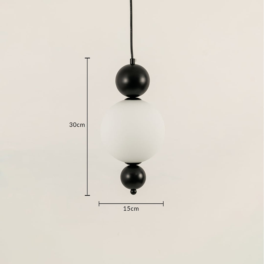 Black metal and frosted glass pendant light dimension image with 15 cm width and 30 cm height for bedside placement.