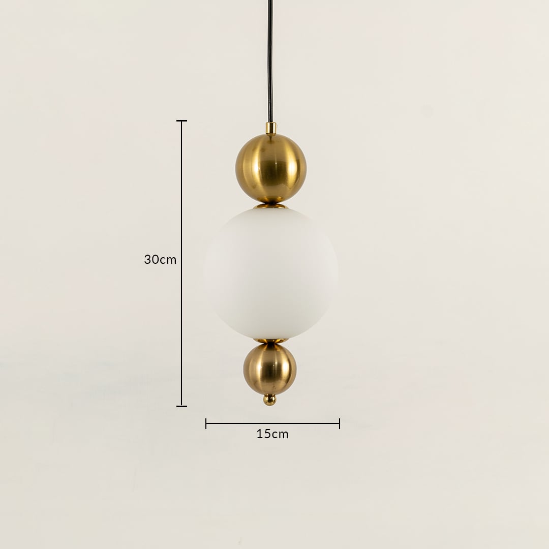Gold metal and frosted glass pendant light dimension image with 15 cm width and 30 cm height for luxury bedside placement.