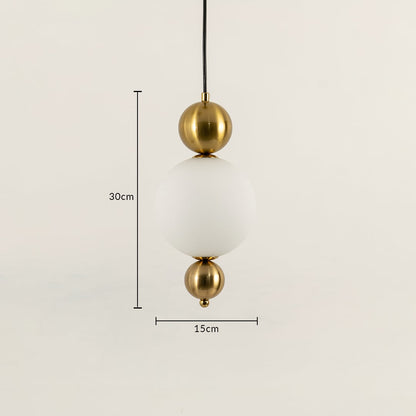 Gold metal and frosted glass pendant light dimension image with 15 cm width and 30 cm height for luxury bedside placement.