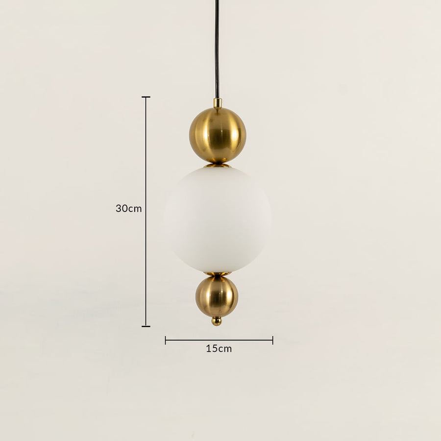 Gold metal and frosted glass pendant light dimension image with 15 cm width and 30 cm height for luxury bedside placement.