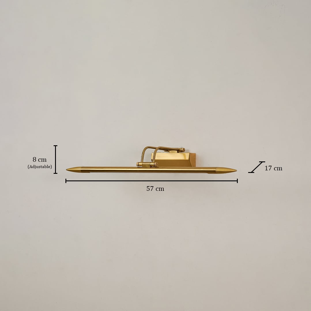 Gold metal picture light with 57 cm width 17 cm depth and 8 cm adjustable height shown clearly for accurate placement.