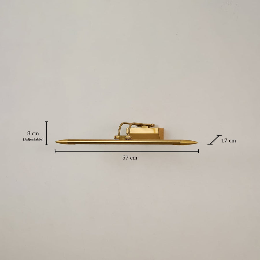 Gold metal picture light with 57 cm width 17 cm depth and 8 cm adjustable height shown clearly for accurate placement.
