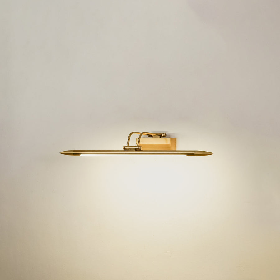 Elegant wall light in gold metal finish with linear bar design for bathroom or vanity decor lighting white background.
