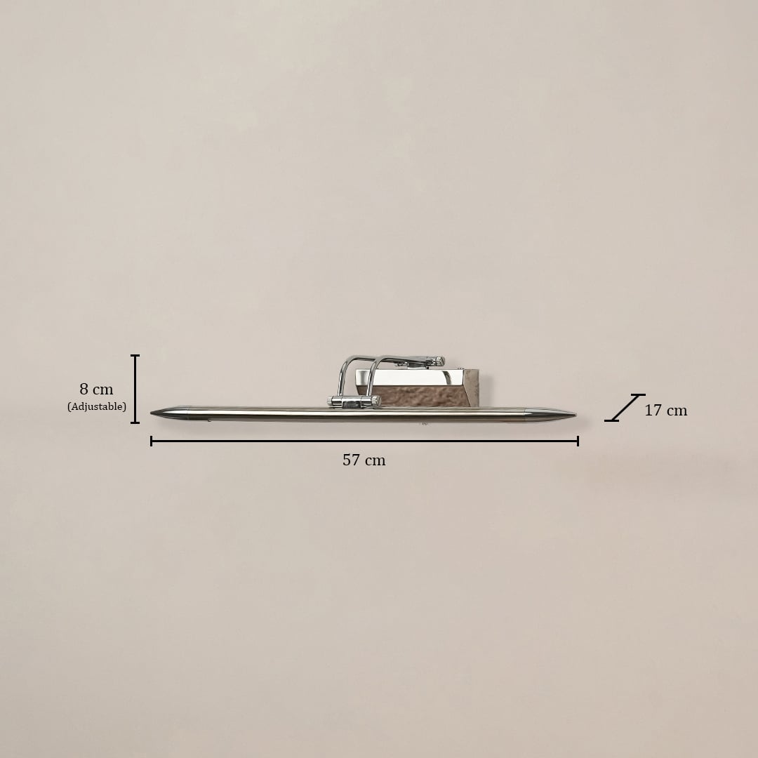 Chrome metal picture light with 57 cm width 17 cm depth and 8 cm adjustable height shown clearly for accurate placement.