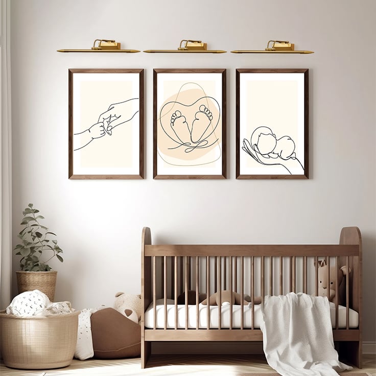 Gold metal picture light styled on a modern wall adding warm focused illumination to enhance elegant home decor.