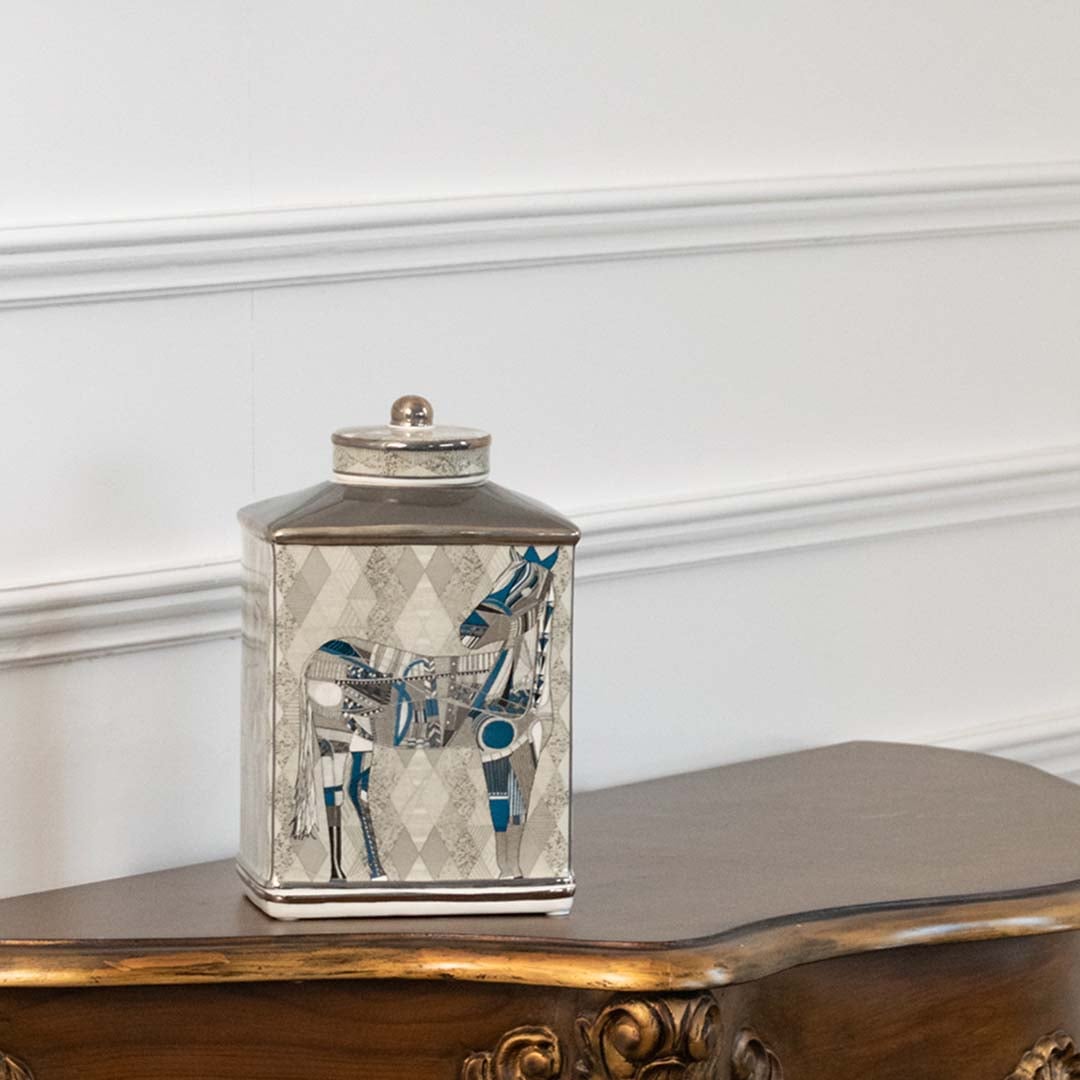 White square ceramic jar with blue horse artwork in a front view measuring 19.5 cm width and 30.5 cm height perfect for luxury console décor.