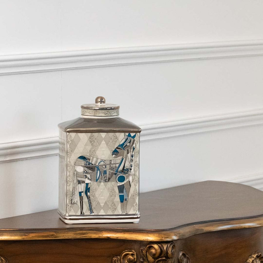 White square ceramic jar with blue horse artwork in a front view measuring 19.5 cm width and 30.5 cm height perfect for luxury console décor.