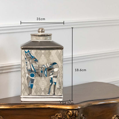 White ceramic jar with blue horse artwork measuring 19.5 cm width and 30.5 cm height perfect for luxury living room décor and console styling.
