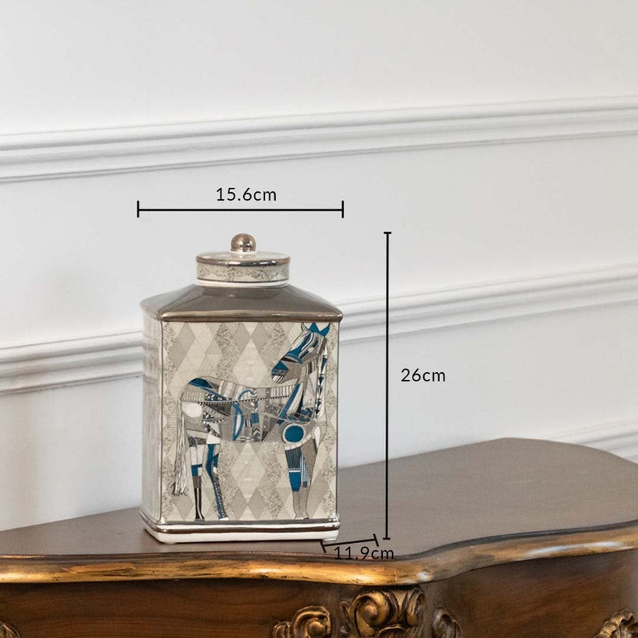 White ceramic jar with blue horse artwork in a front view measuring 15.5 cm width and 26.5 cm height perfect for elegant console décor styling.