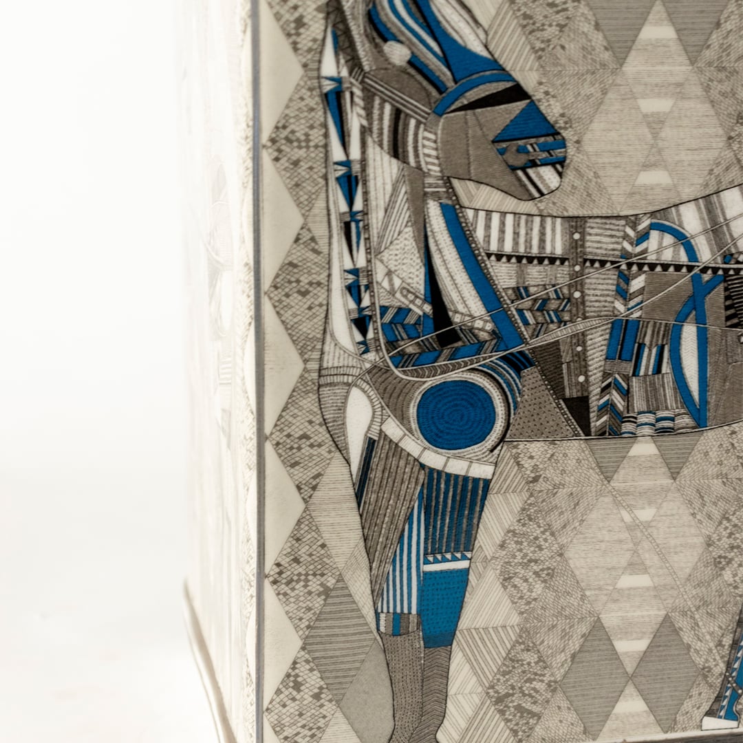 Ceramic jar with abstract geometric equestrian artwork crafted for luxury décor adding bold artistic energy refined detailing and a premium handcrafted statement for elegant interior styling.