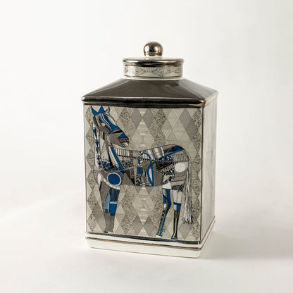 Ceramic jar with detailed blue equestrian artwork shown in a closeup view highlighting fine brush detailing premium craftsmanship and artistic décor suitable for elegant luxury home styling.