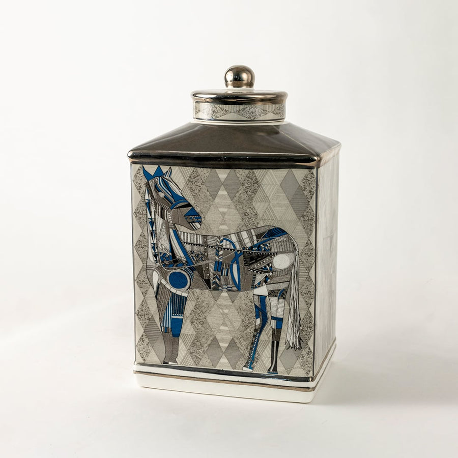 Ceramic jar with detailed blue equestrian artwork shown in a closeup view highlighting fine brush detailing premium craftsmanship and artistic décor suitable for elegant luxury home styling.