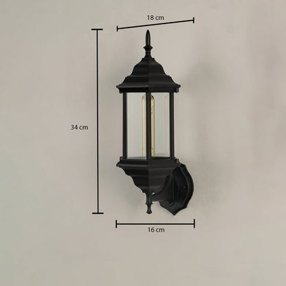 Black outdoor lantern showing 41 cm height 26 cm width and 18 cm depth with raindrop glass and curved arm design clearly displayed.