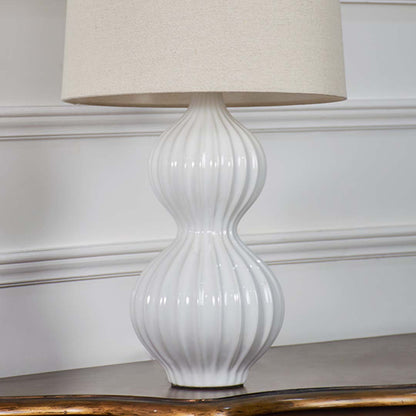 Closeup view of the white ceramic table lamp base showing detailed fluted texture glossy finish and premium quality craftsmanship perfect for elegant spaces.