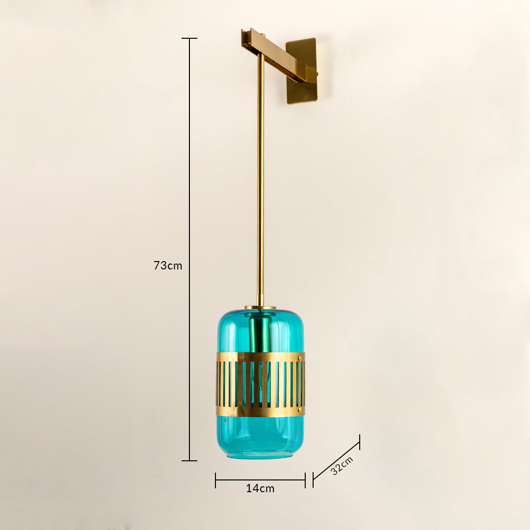 Pendant light with blue green glass shade and gold metal holder showing 30 cm height and 12 cm diameter for ceiling installation.