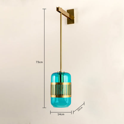 Pendant light with blue green glass shade and gold metal holder showing 30 cm height and 12 cm diameter for ceiling installation.