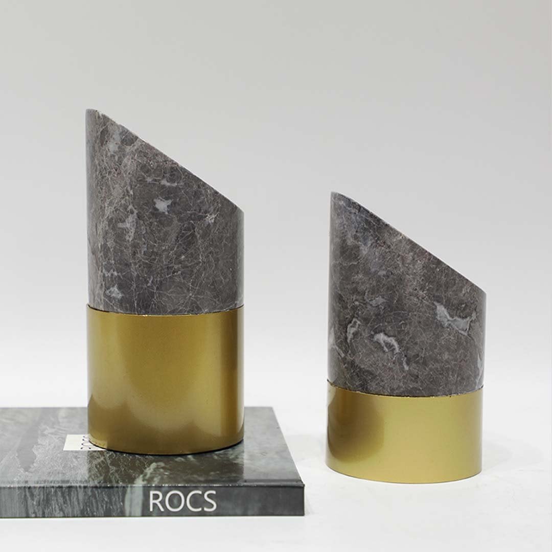 Set of decorative grey marble vases with gold base modern luxury accents for stylish home and office decor.