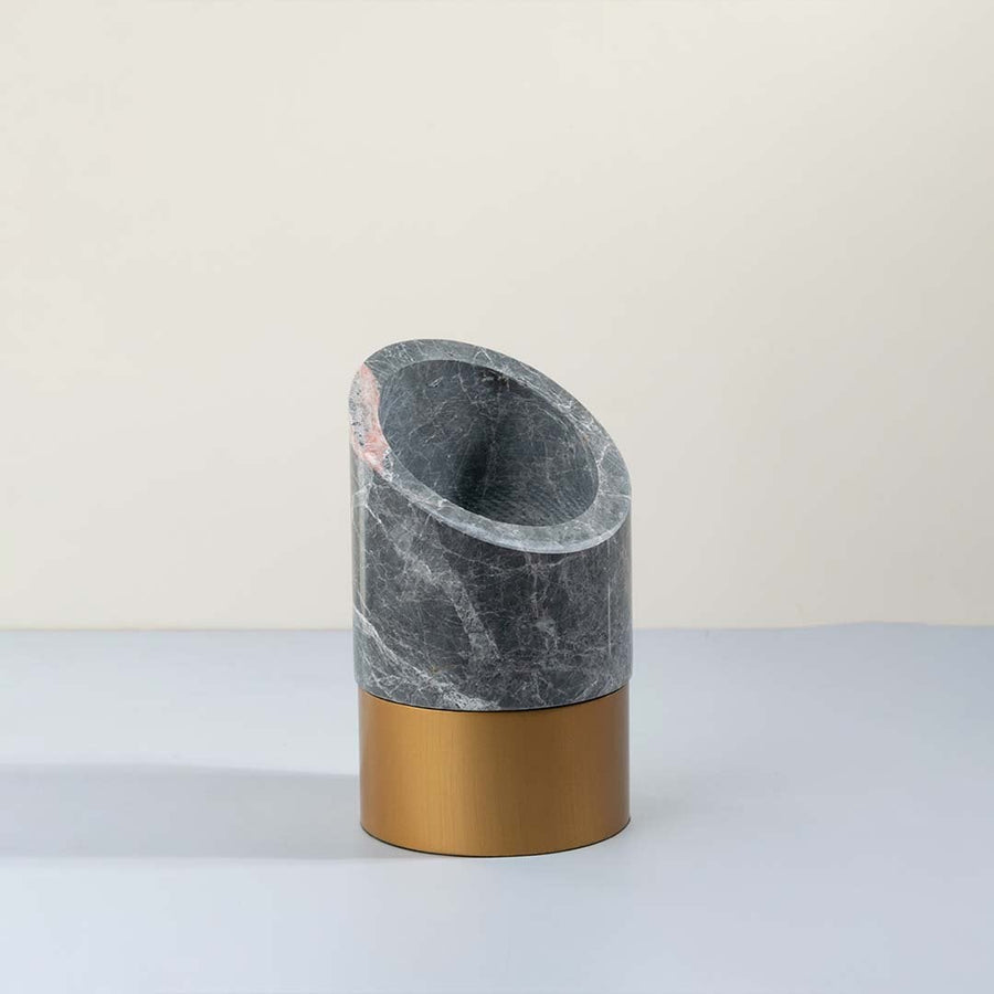 Grey marble vase with gold metal base luxury decorative piece for modern home table and shelf styling.