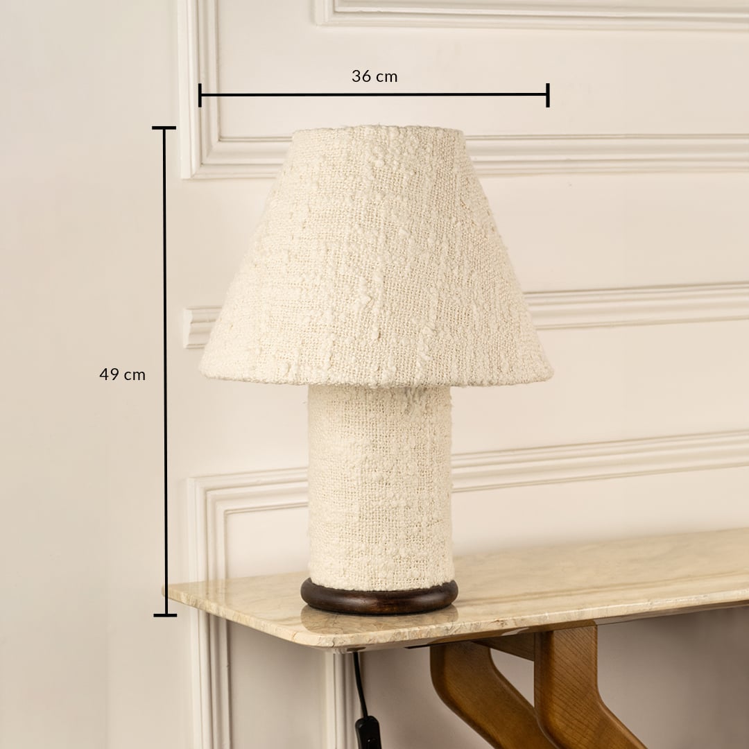 White textured table lamp with layered fabric shade measuring 49 cm height and 36 cm width for modern interiors.