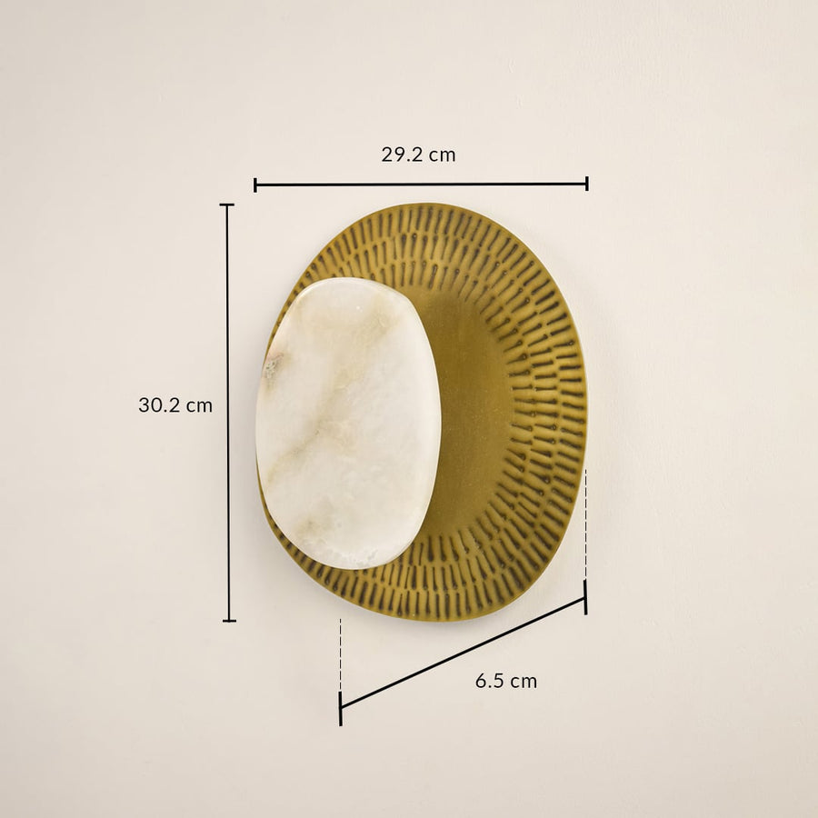 Marble and gold wall light with 30.2 cm height 29.2 cm width and 6.5 cm depth for modern decor spaces.