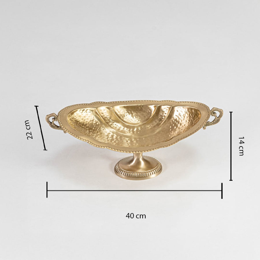 A hammered metal decorative bowl with ornate handles displayed on a white background showing clear dimensions of 40 cm length 22 cm height and 14 cm width.