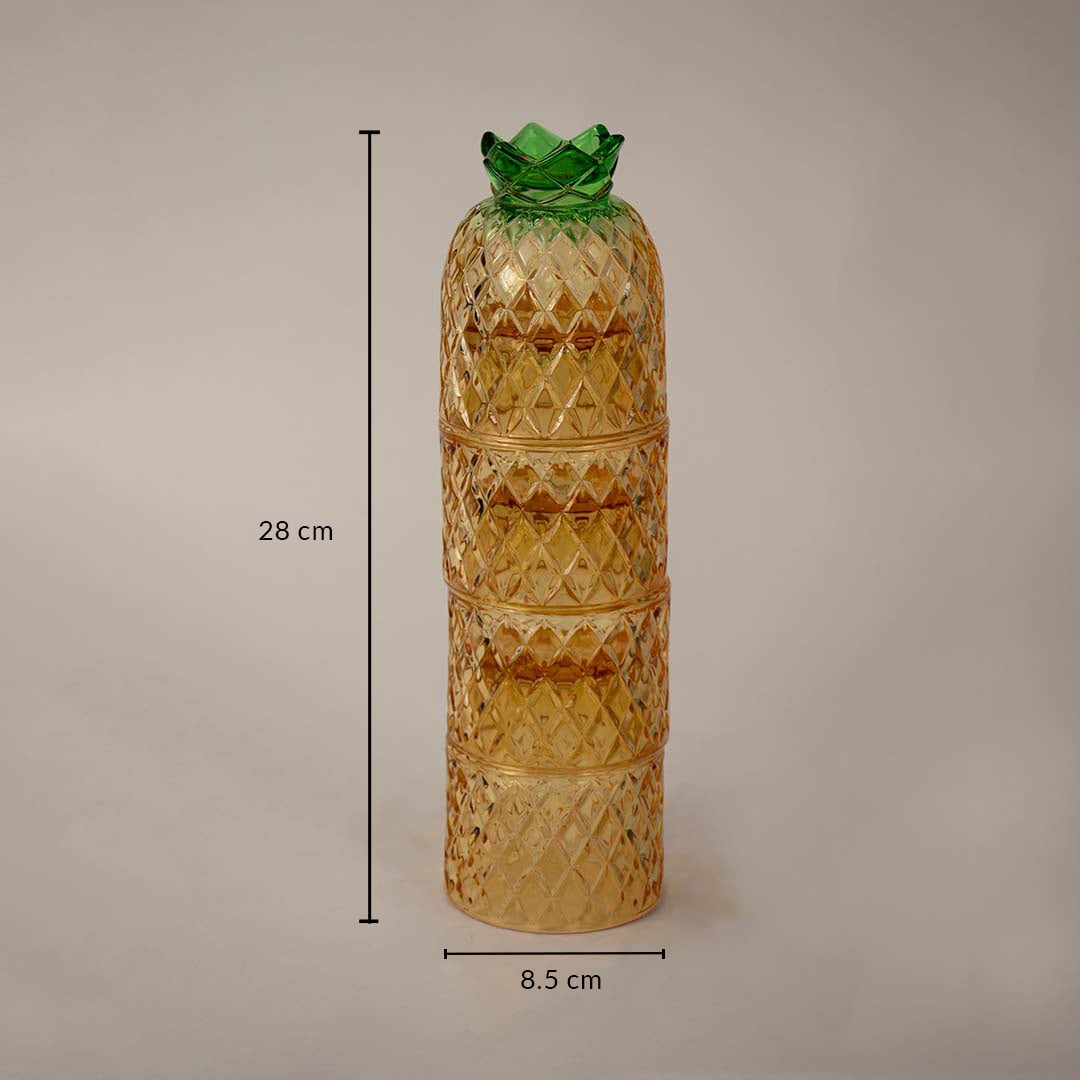 Pineapple shape amber glass tumbler with diamond cut design shown with size 28 cm height and 8.5 cm diameter.