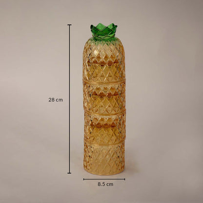 Pineapple shape amber glass tumbler with diamond cut design shown with size 28 cm height and 8.5 cm diameter.