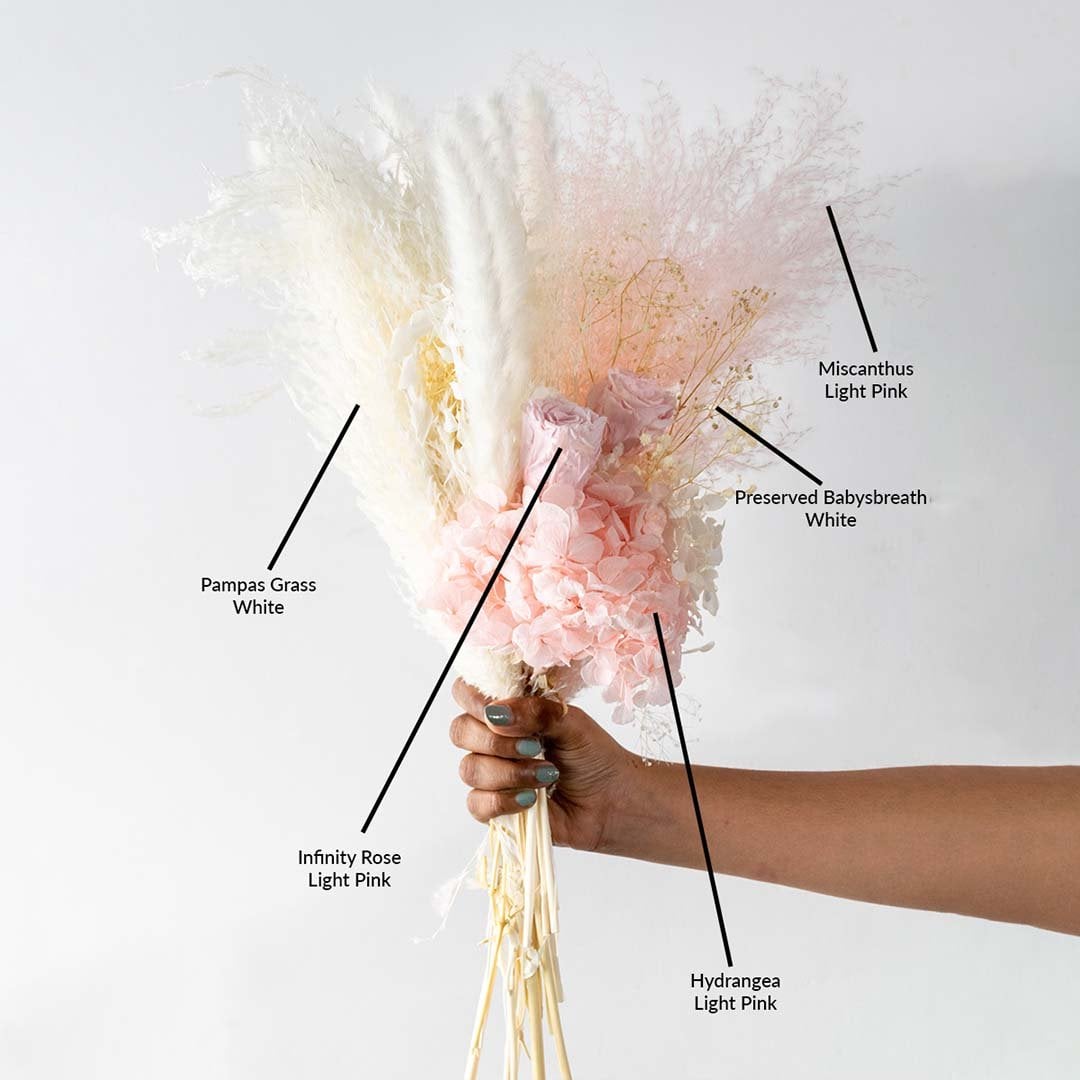 Decorative dried floral bunch with soft pastel blooms preserved grasses and textured stems ideal for modern home decor styling.
