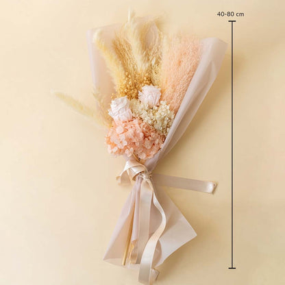 Preserved dried flower bouquet dimensions 40 to 80 cm height with pampas grass infinity rose hydrangea and baby breath.