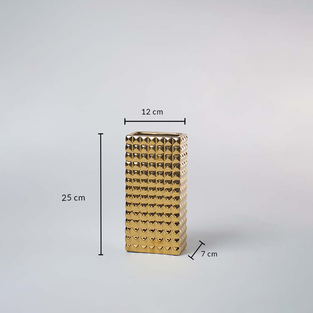 Gold textured ceramic vase shown with measurements 25 cm height 12 cm width and 7 cm depth for accurate planning in home decor.