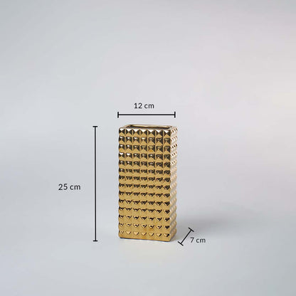 Gold textured ceramic vase shown with measurements 25 cm height 12 cm width and 7 cm depth for accurate planning in home decor.