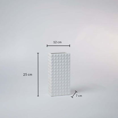 White textured ceramic vase shown with measurements 25 cm height 12 cm width and 7 cm depth for accurate home styling reference.