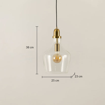 Dimension image of clear glass pendant light with brass finish measuring 38 cm height 25 cm width and 23 cm depth.