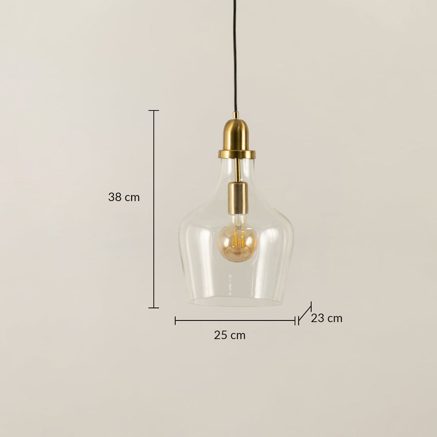 Dimension image of clear glass pendant light with brass finish measuring 38 cm height 25 cm width and 23 cm depth.