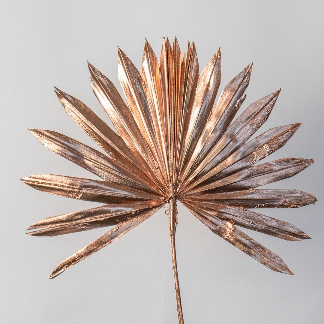 Closeup of copper dried palm leaves showing detailed ridges and metallic finish perfect for contemporary home styling.