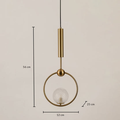 Gold ring pendant light measuring 12 cm width 56 cm height and 25 cm depth for accurate hanging placement.