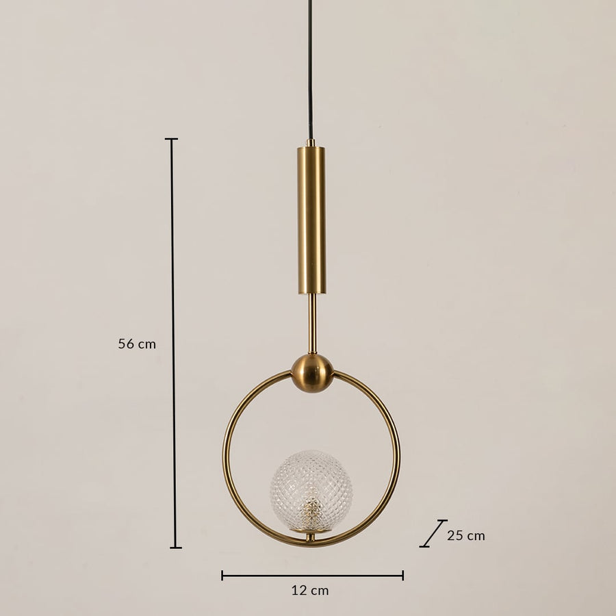 Gold ring pendant light measuring 12 cm width 56 cm height and 25 cm depth for accurate hanging placement.