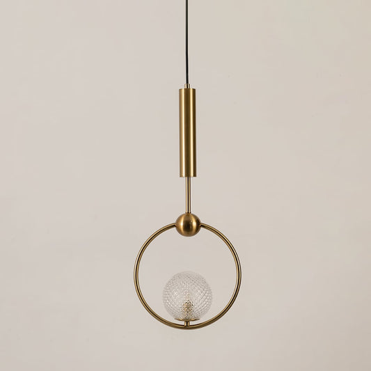 Gold ring pendant light with textured glass globe displayed off on a clean white background for minimal ceiling decor.