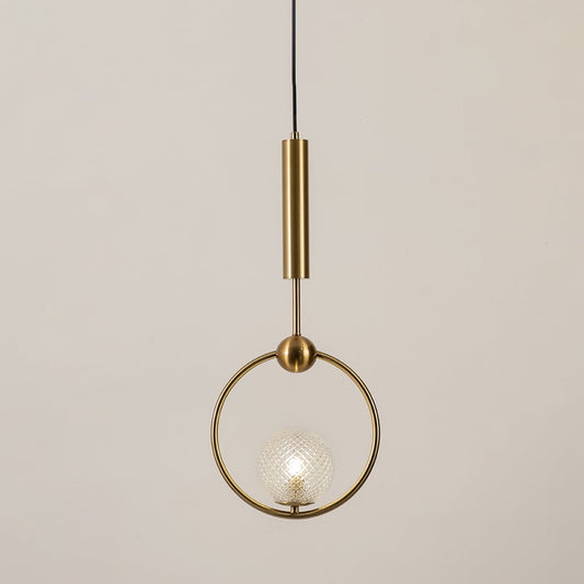 Gold ring pendant light with textured glass globe glowing on a white background for modern ceiling lighting decor.