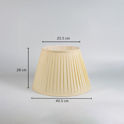 Dimension image of cream pleated fabric lampshade showing 28 cm height with 40.5 cm bottom diameter and 25.5 cm top diameter.