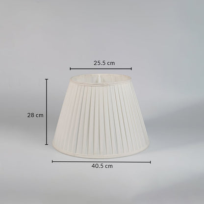 Dimension image of cream pleated fabric lampshade showing 28 cm height with 40.5 cm base diameter and 25.5 cm top diameter.