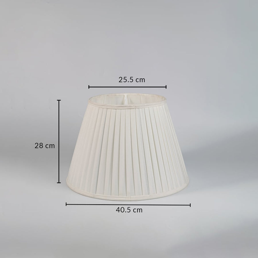 Dimension image of cream pleated fabric lampshade showing 28 cm height with 40.5 cm base diameter and 25.5 cm top diameter.
