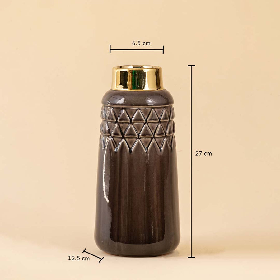Brown ceramic vase with gold rim shown with dimensions clearly marked at 27 cm height 12.5 cm width and 6.5 cm top opening for accurate decor planning.