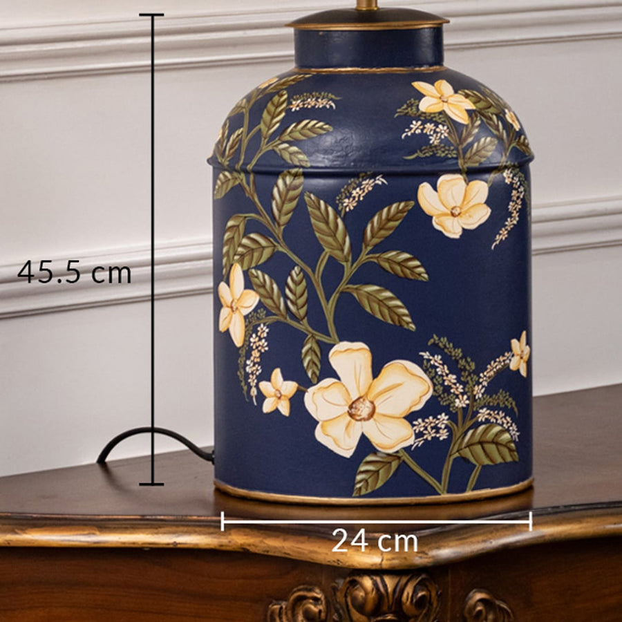 Table lamp dimension image showing dark blue floral ceramic base with height and width measurements clearly marked.