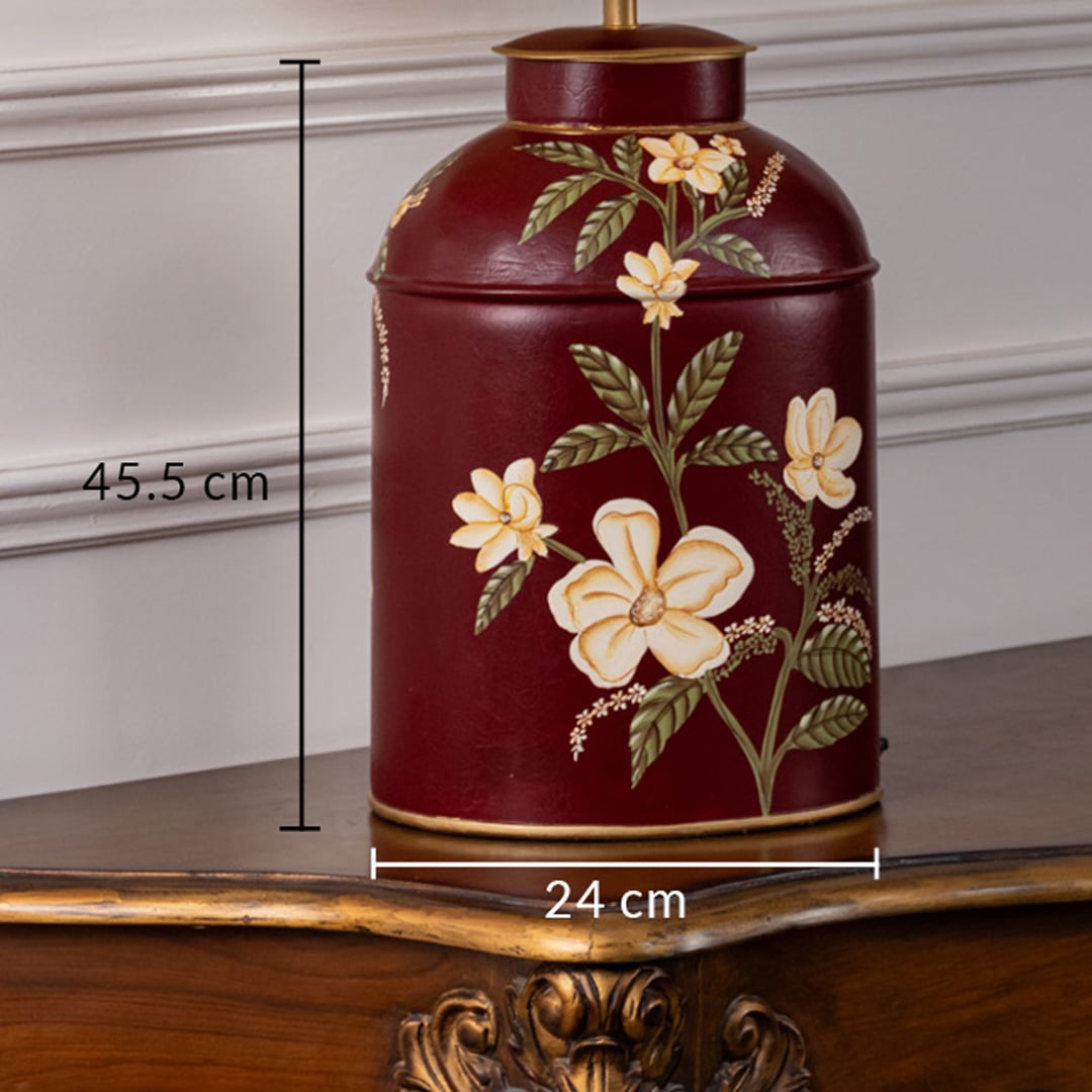 Table lamp dimension image showing a red ceramic base with floral design measuring 45.5 cm height and 24 cm width.