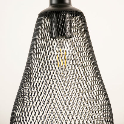 Close view of black mesh pendant light showing detailed metal net texture and smooth matte finish for a modern industrial look.