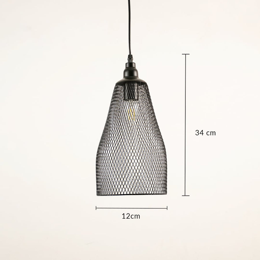Textured glass pendant light with black metal top showing 34 cm height and 12 cm diameter for ceiling hanging installation.