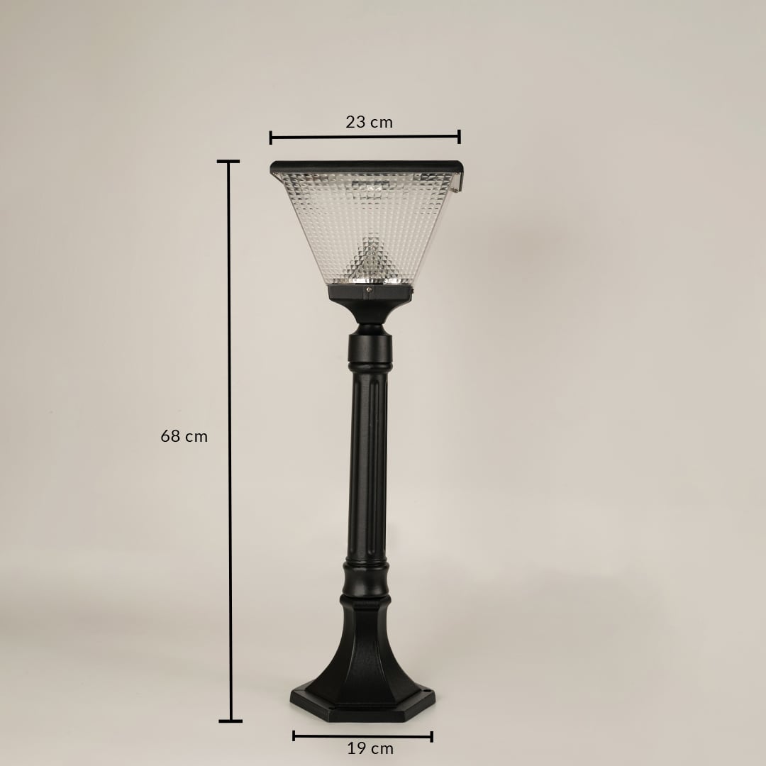 A black outdoor pathway lamp shown on a white background with height marked as 68 cm top width 23 cm and base width 19 cm providing clear size reference for placement.